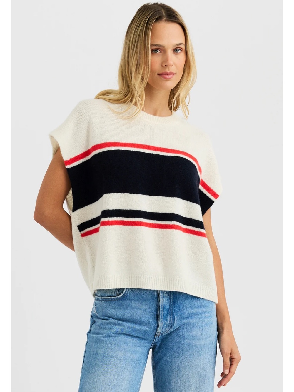 Striped Crewneck Knit Top in Cream, Navy & Red